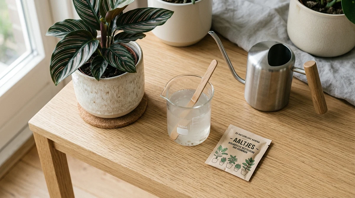 Pakje aaltjes (Steinernema feltiae) wordt opgelost in een gieter met lauw water boven kamerplanten in pot