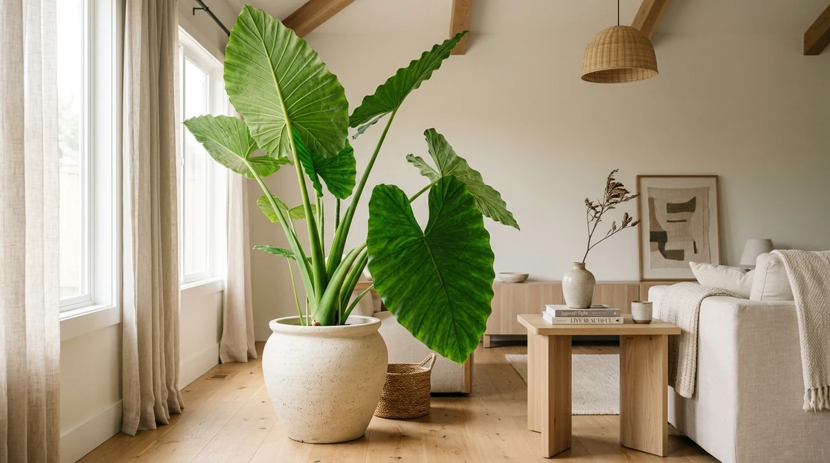 Grote Alocasia macrorrhiza met enorme bladeren die boven een bijzettafel uittorenen