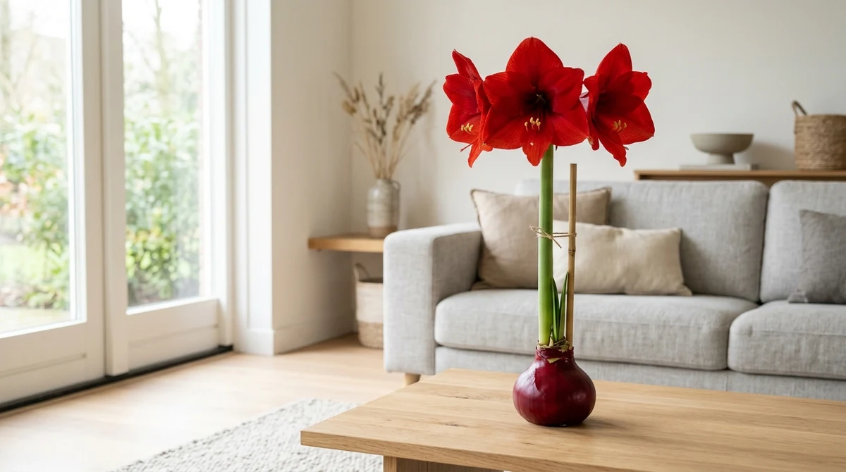 Amaryllis-bol met glanzende rode wax-laag, hoge groene bloemsteel en drie open rode trompetbloemen op een lichte houten tafel