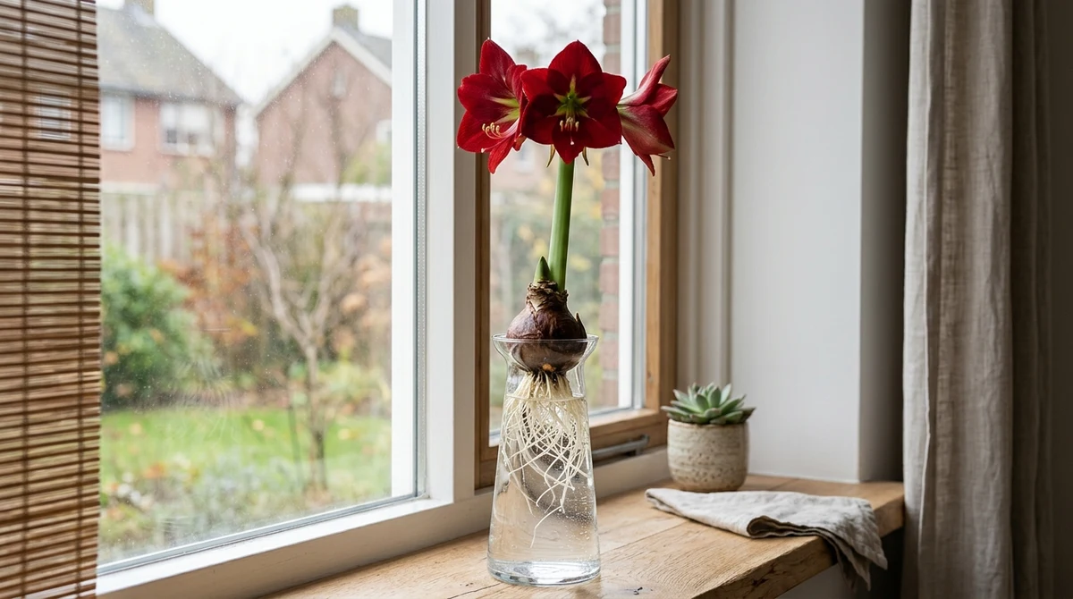 Amaryllis-bol op een hoge glazen vaas met de bol boven het water en de witte wortels zichtbaar in het glas, met een groene bloemsteel omhoog