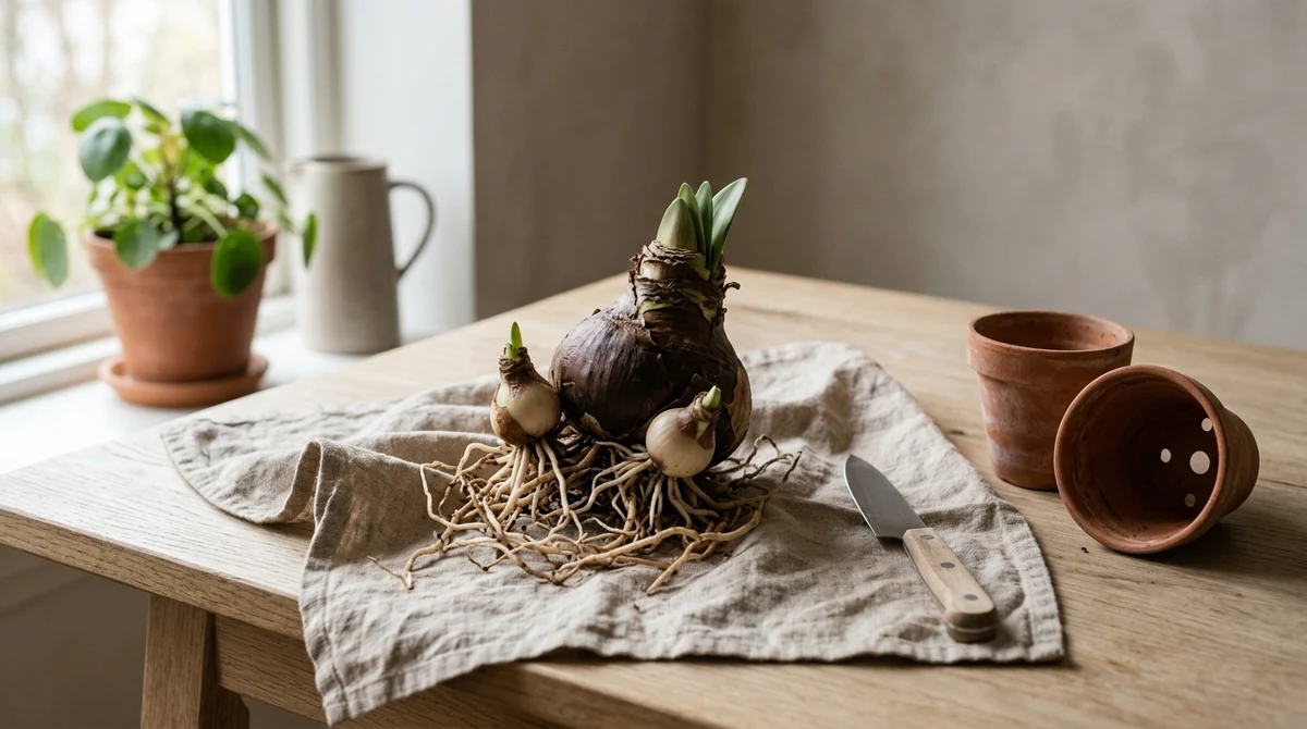 Volwassen Amaryllis-bol met twee kleine dochterbollen aan de zijkant, uit de pot gehaald en gedeeltelijk schoongespoeld op een houten werkoppervlak