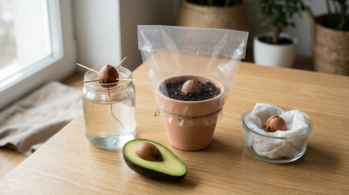 Avocadopit boven een glas water met drie prikkers, naast een pit half ingegraven in potgrond, naast een pit in een vochtige doek in een zip-zak