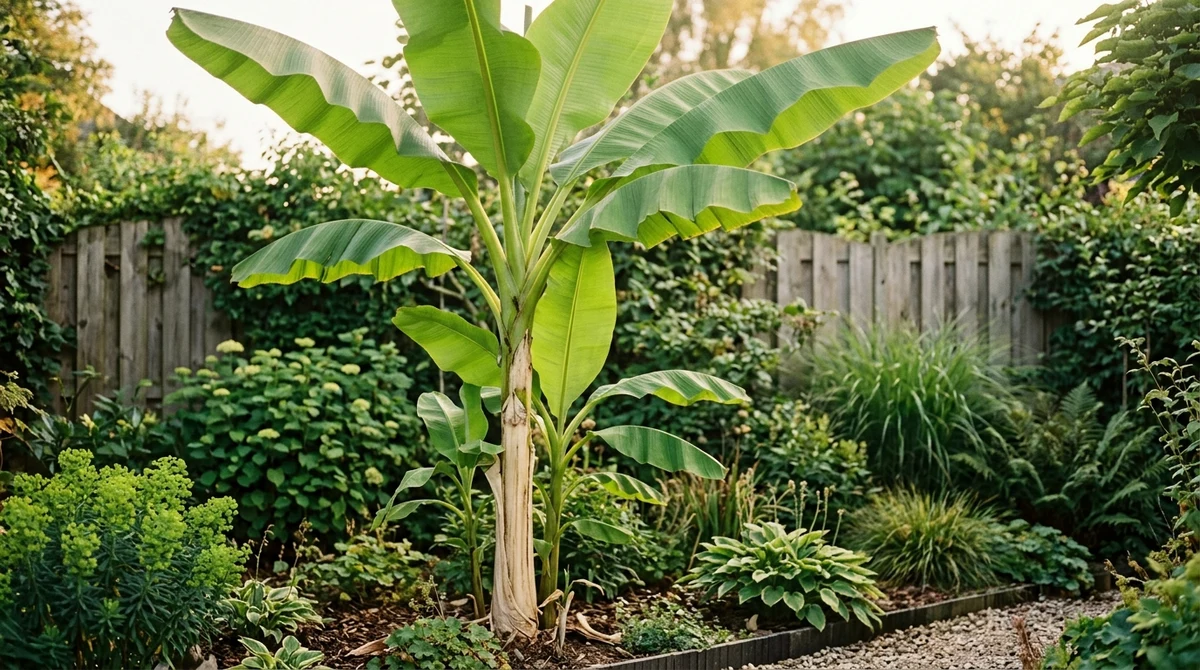 Musa basjoo bananenplant in de volle grond in een Nederlandse tuin, grote frisgroene bladeren tegen een zomerse lucht