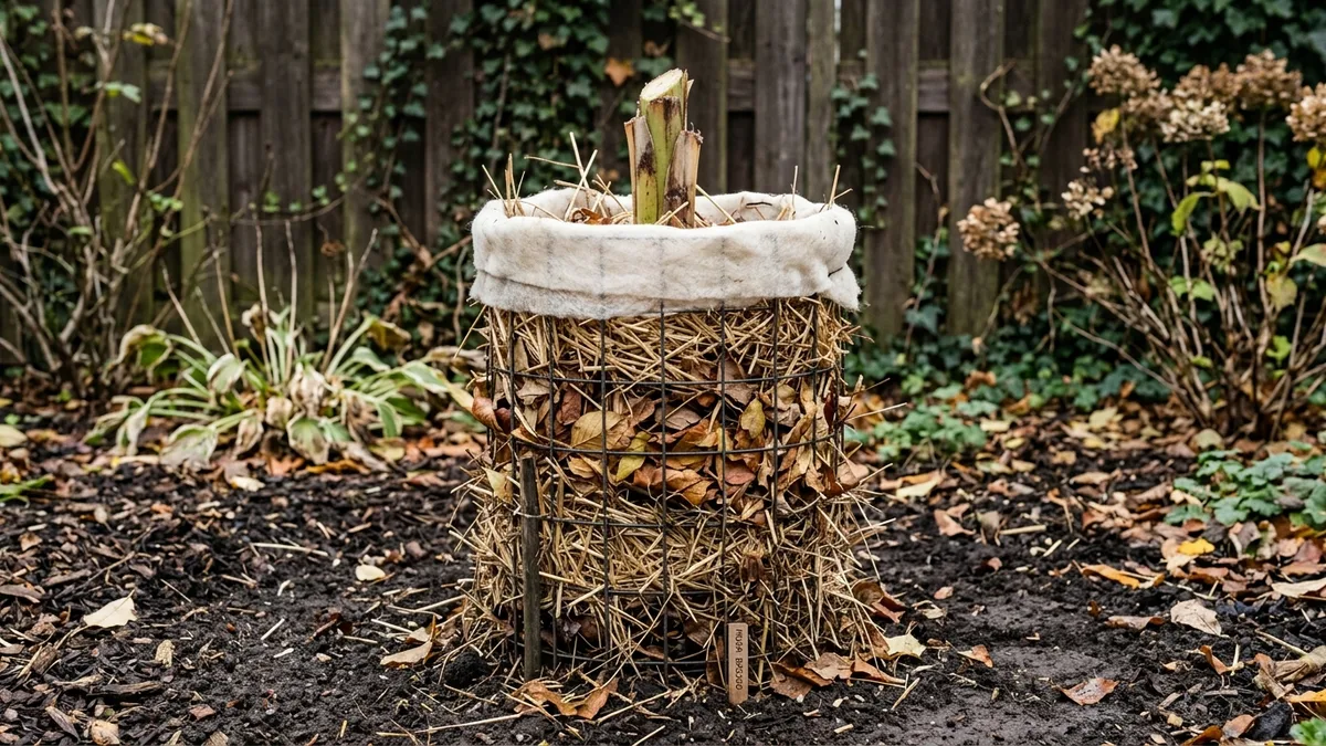 Musa basjoo pseudostam ingepakt met een dikke laag stro en tuinvlies als winterbescherming in een Nederlandse tuin