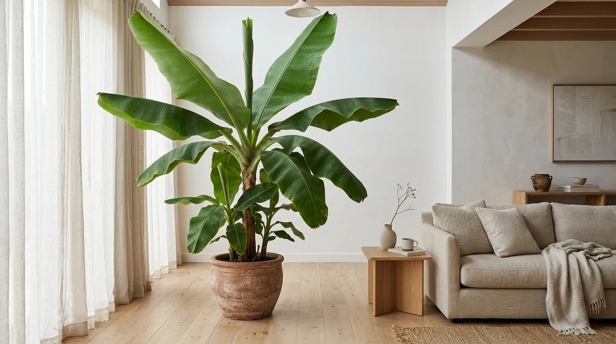 Grote bananenplant met bladeren die het plafond raken in een woonkamer