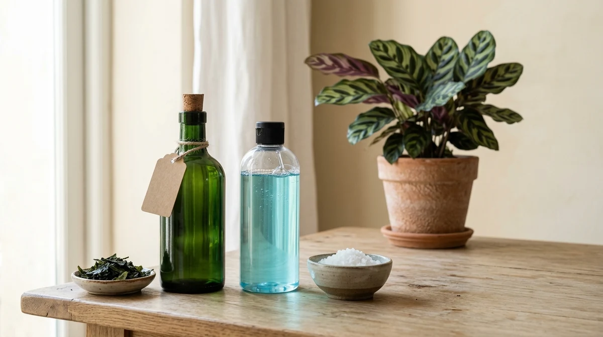 Twee flessen plantenvoeding naast elkaar, een biologische op zeewierbasis en een synthetische, bij een kamerplant