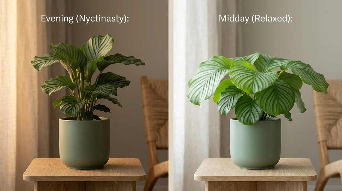 Calathea met bladeren in twee posities: strak omhoog 's avonds en lichtjes hangend overdag, naast elkaar getoond