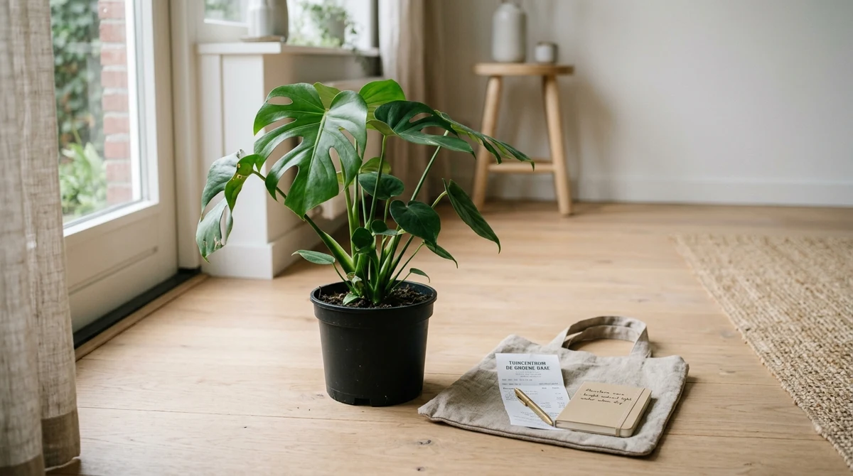 Nieuwe kamerplant op een tafel naast een raam met indirect licht, eerste dag thuis