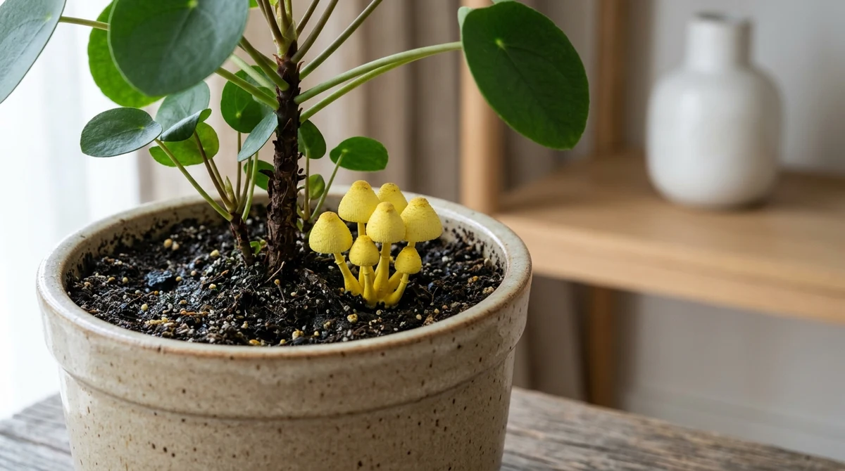 Kleine gele paddestoeltjes van Leucocoprinus birnbaumii groeiend uit de potgrond naast een kamerplant