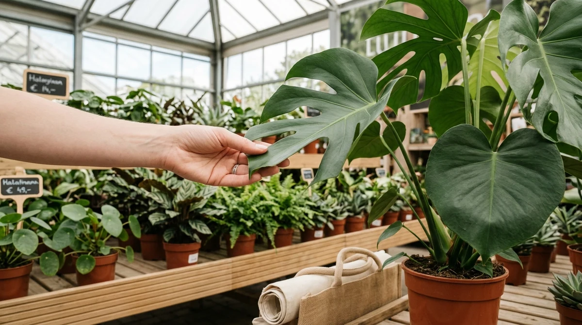 Persoon tilt kamerplant op in tuincentrum en inspecteert de drainagegaten op gezonde wortels