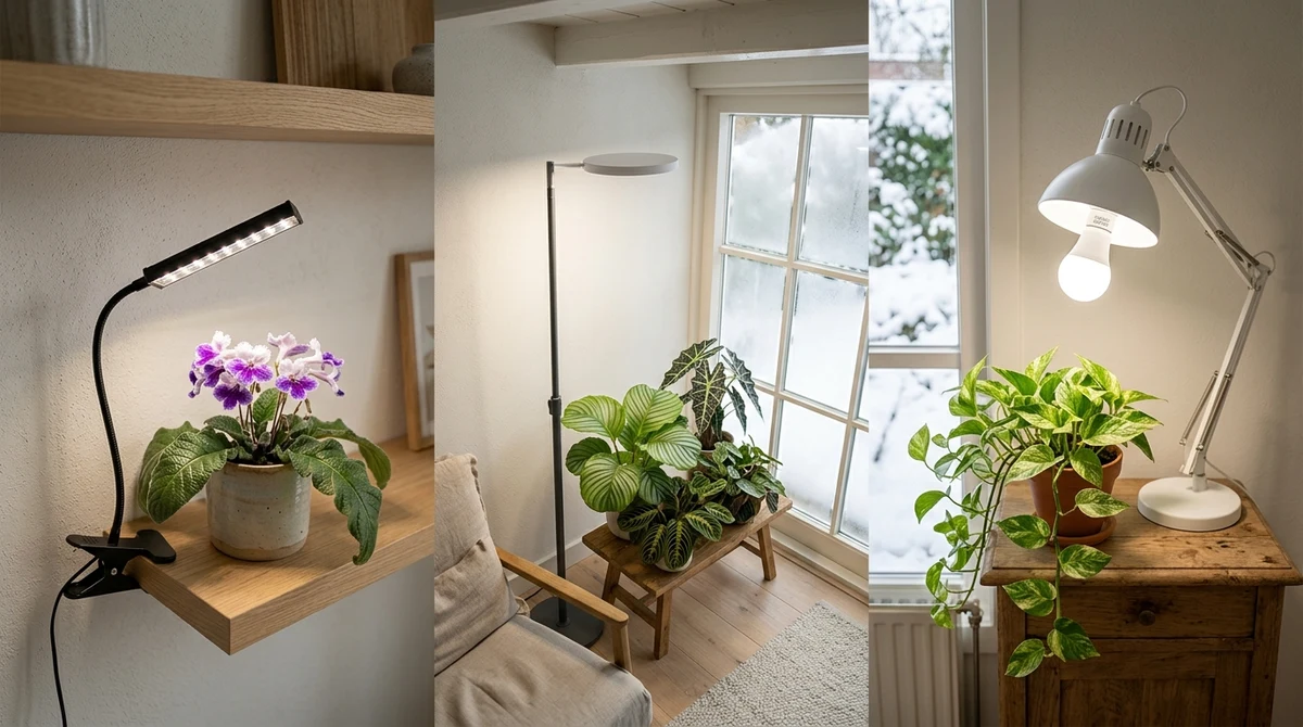 Verschillende typen groeilamp naast elkaar: een klemspot, een staande lamp op voet en een klein peertje, gericht op kamerplanten in een lichte woonkamer