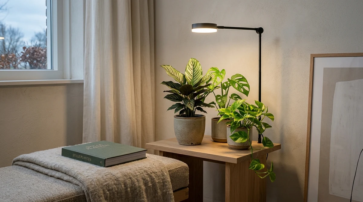 Witte full-spectrum LED-paneel boven een groepje kamerplanten op een plantentafel in een Nederlandse woonkamer in de winter