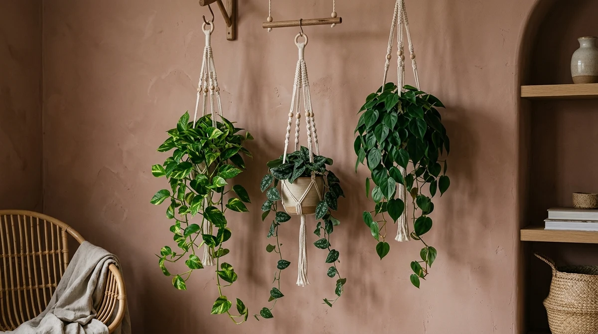 Hangende Epipremnum en Scindapsus pictus in macramé hangers voor een noordraam in een schaduwrijke kamer