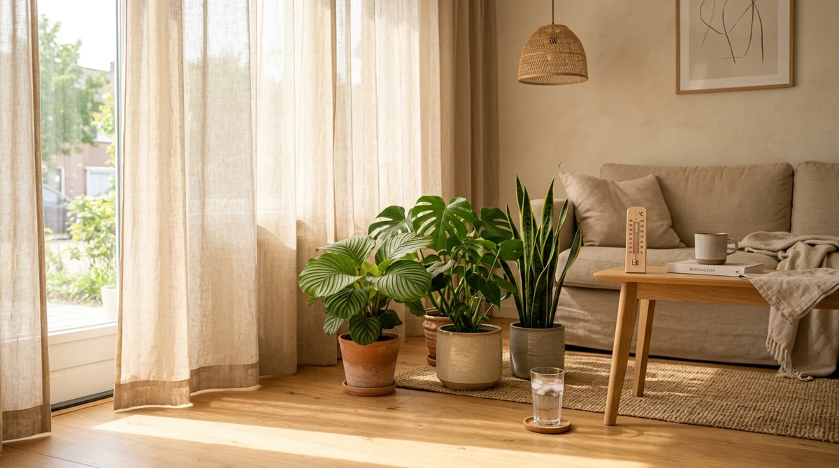 Kamerplant op een warme zomerdag voor een raam met felle zon, met een gordijn als bescherming tegen directe straling