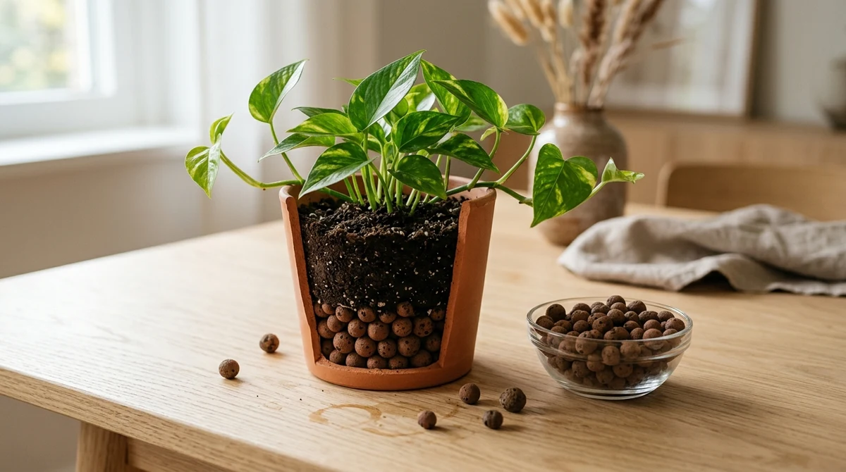 Close-up van bruine hydrokorrels in een sierpot naast een kamerplant, met een handvol losse korrels ernaast op een houten tafel