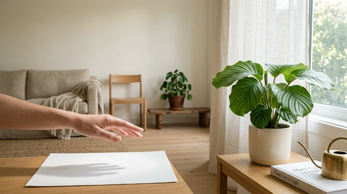 Lichtstralen door een raam in een Nederlandse woonkamer, met een Calathea op een tafel op afstand van het raam