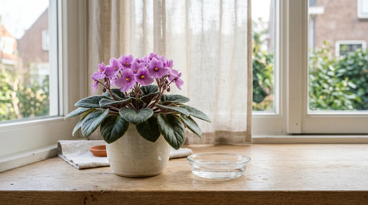 Kaaps viooltje (Saintpaulia) met donzige groene bladrozet zonder bloemen op een lichte vensterbank