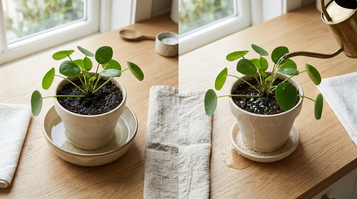 Drie watermethodes voor kamerplanten naast elkaar: pot in een bak voor onderdompelen, pot in een ondiep schoteltje, en een gieter die van bovenaf water geeft