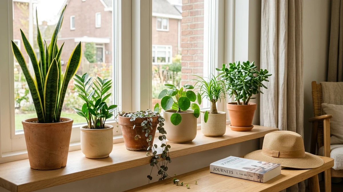 Verschillende kamerplanten op een vensterbank in een rustige woonkamer, klaar voor een vakantie van twee weken