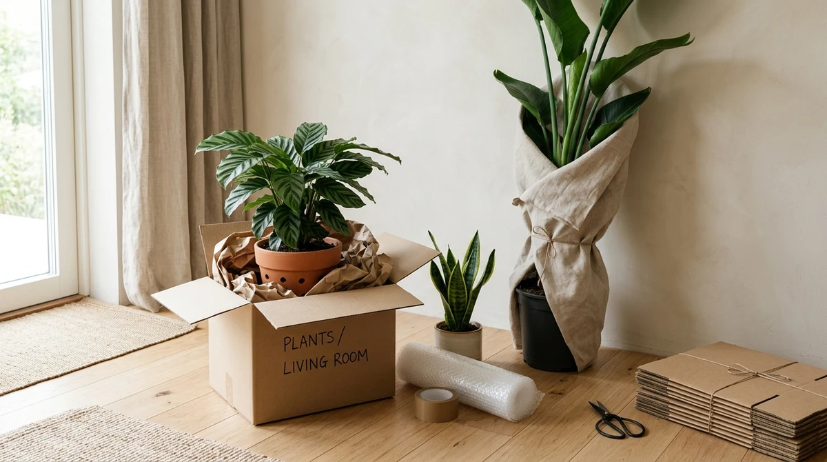 Kamerplanten ingepakt in kartonnen dozen en kratten op een lichte houten vloer voor een verhuizing, met een Calathea en Sansevieria zichtbaar