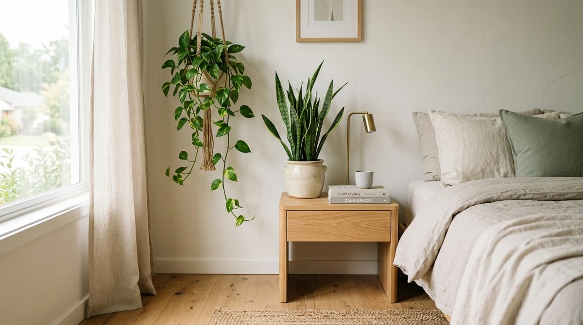 Sansevieria en Pothos in een rustige slaapkamer met ochtendlicht vanuit een oostraam