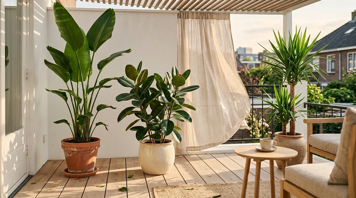 Strelitzia, Yucca en Ficus elastica op een Nederlands terras in de zomer, lichtbeschut onder een afdak