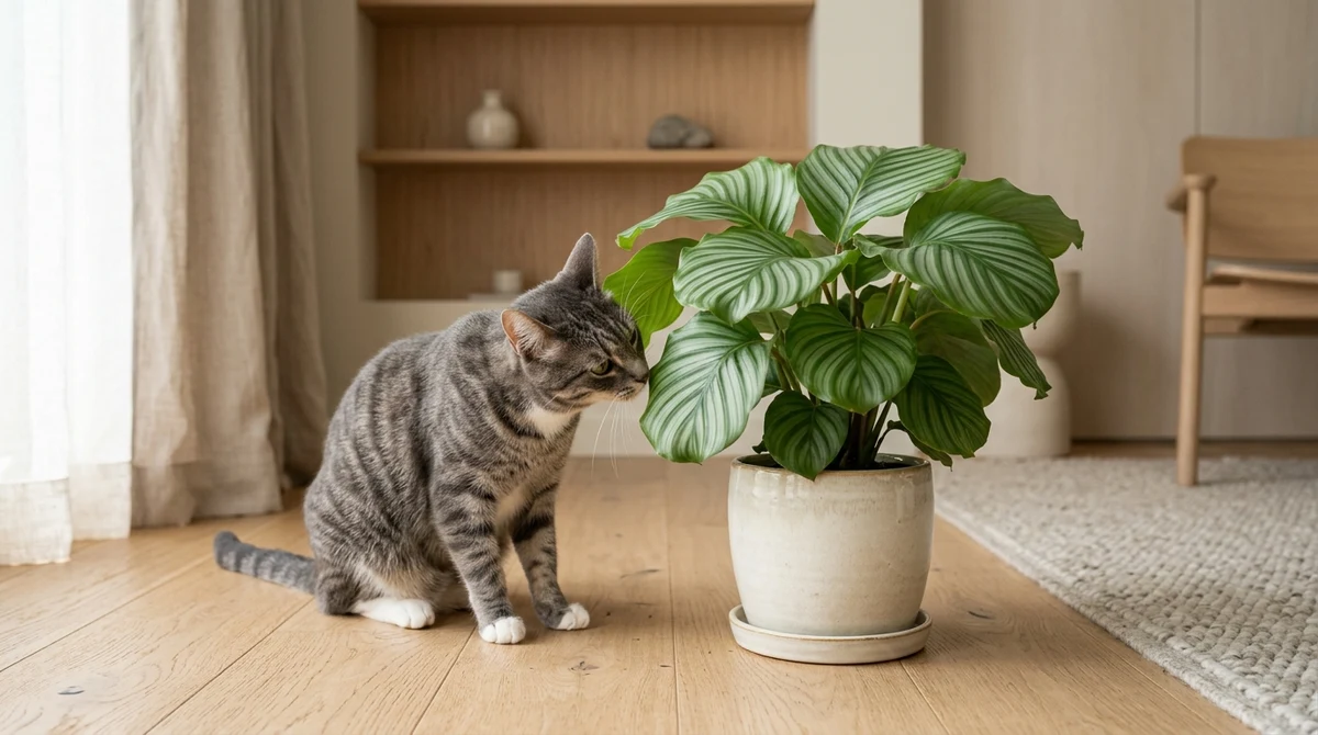 Kat die naast een kamerplant zit met een afgebeten blad op de grond