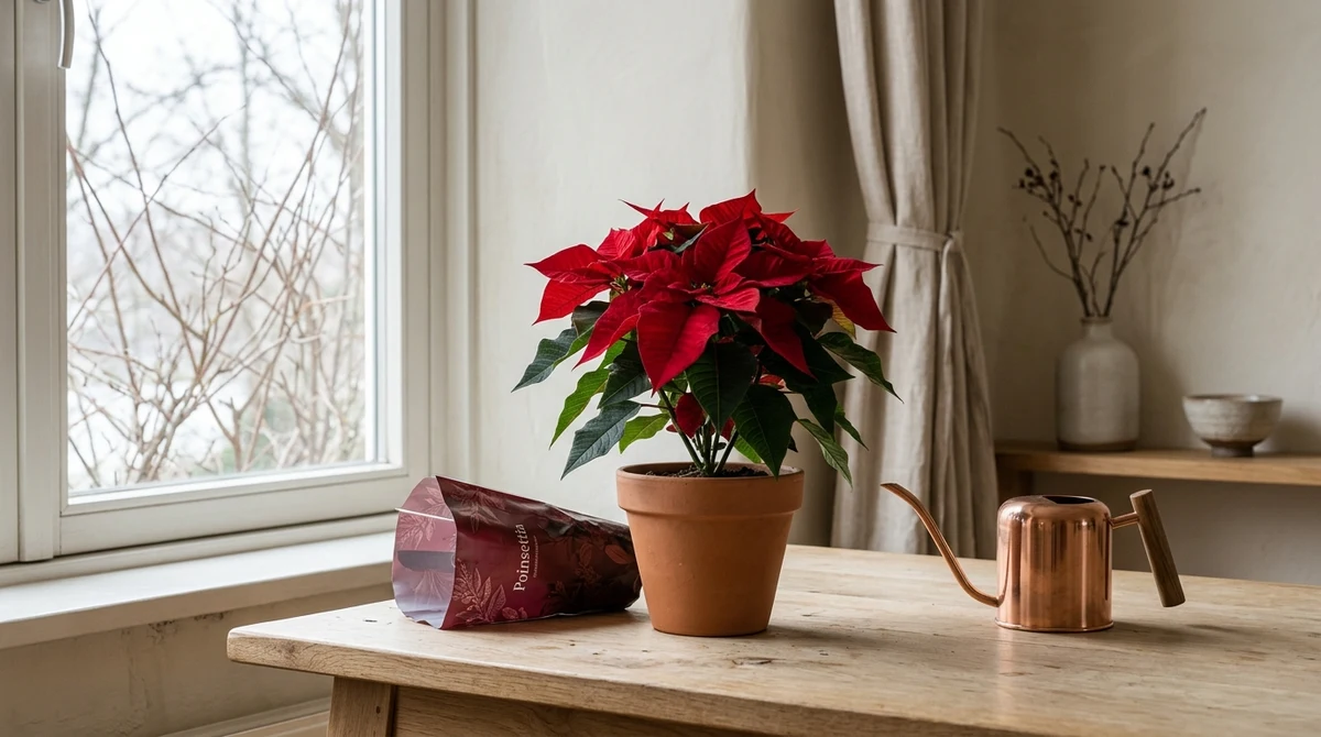 Kerstster met dieprode schutbladen op een tafel bij een raam, met de sierhoes ernaast weggehaald