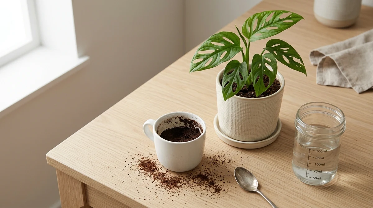 Bakje gebruikte koffieprut naast een kamerplant in pot, ter illustratie van koffieprut als plantenvoeding