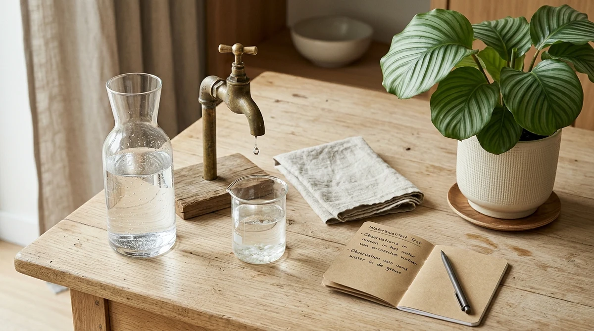 Glazen karaf water, kalkvlokjes in een bekertje en een Calathea Orbifolia op een lichte eikenhouten tafel