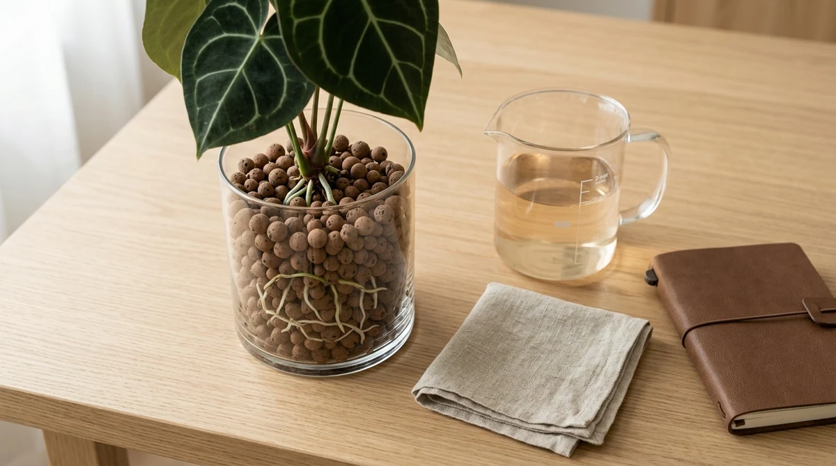 Doorzichtige pot met kleikorrels en zichtbaar waterreservoir, een Anthurium met witte waterwortels die door de LECA-laag groeien op een lichte plek bij het raam