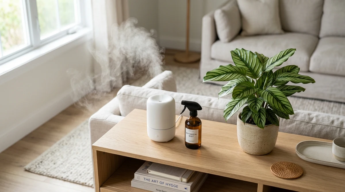 Ultrasone luchtbevochtiger met zichtbare stoom naast een Calathea, met een plantenspuit ernaast op een houten plank