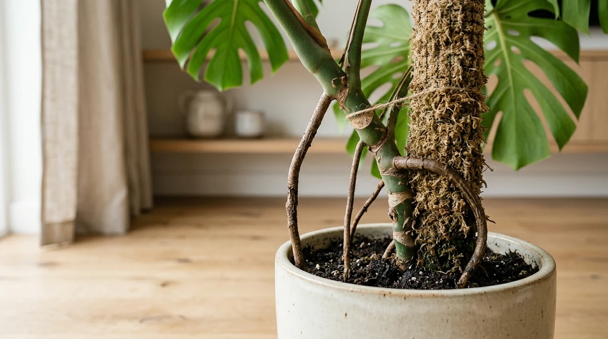 Monstera deliciosa met dikke bruine luchtwortels die uit de stam groeien, deels in een mosstok gestoken en deels vrij hangend