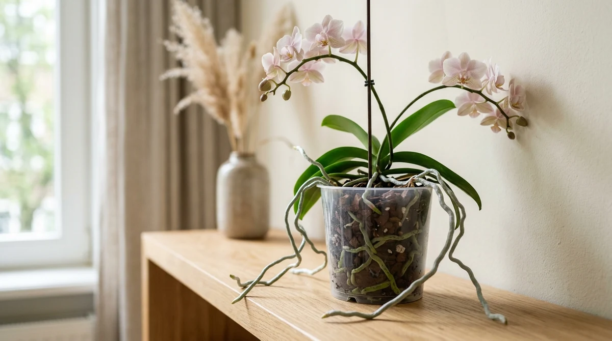 Phalaenopsis in doorzichtige pot met dikke zilvergroene luchtwortels die over de potrand naar buiten groeien
