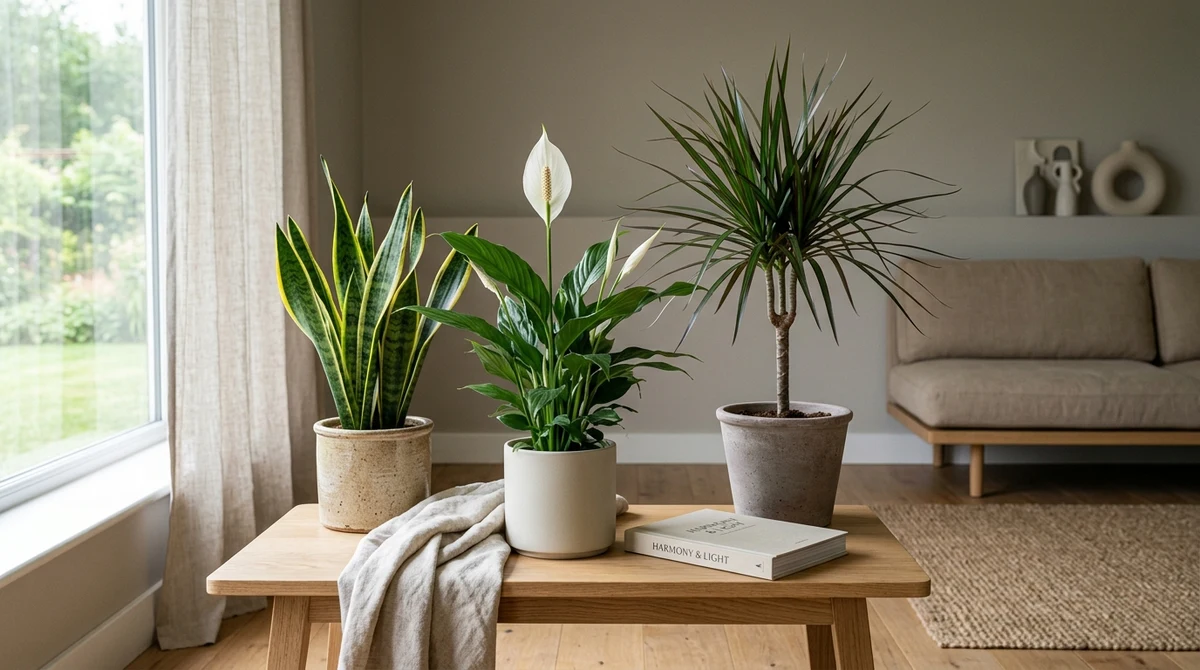 Sansevieria, Spathiphyllum en Dracaena bij elkaar in een lichte woonkamer naast een geopend boek en een kop koffie, kalme Japandi-sfeer