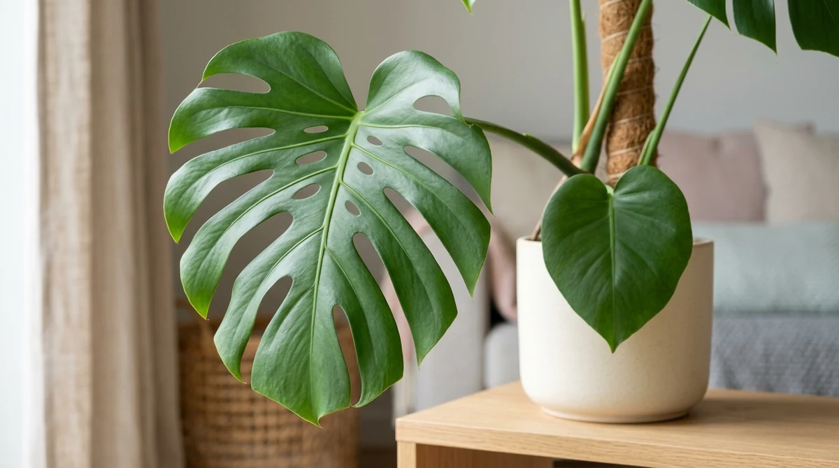 Volwassen Monstera deliciosa blad met diepe fenestraties en splits, opgebonden aan een mosstok in helder indirect licht bij een raam