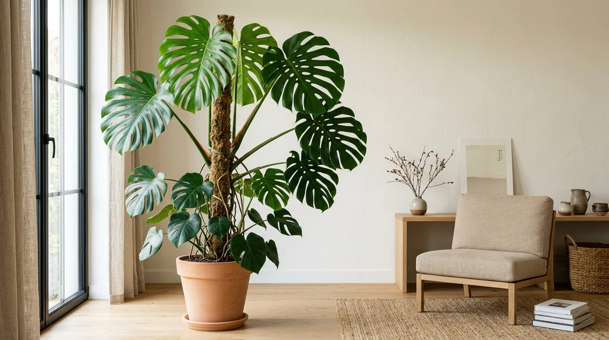Grote Monstera deliciosa met brede bladeren vol fenestraties, geklommen langs een mosstok in een lichte woonkamer bij een oost-raam