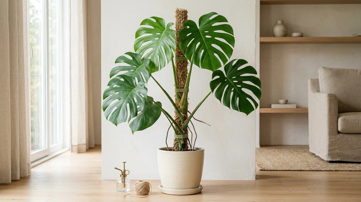Monstera deliciosa opgebonden aan een vochtige mosstok, met luchtwortels die in het sphagnum-mos groeien