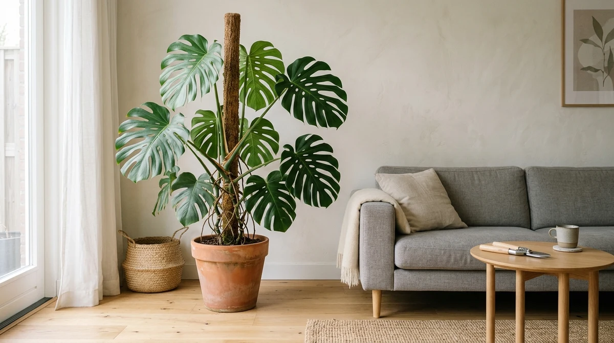Grote Monstera deliciosa met bladeren die tegen het plafond komen, groeiend langs een mosstok in een woonkamer