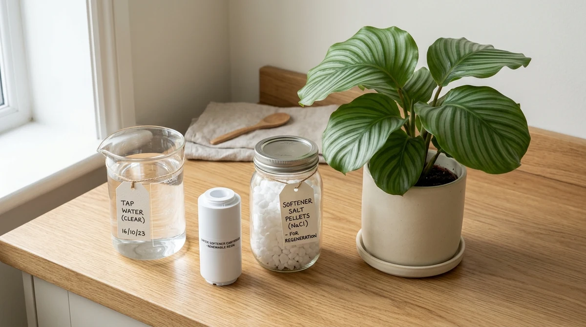 Kraan boven een gietkan met een zichtbare waterontharder-installatie op de achtergrond en een Calathea op het aanrecht