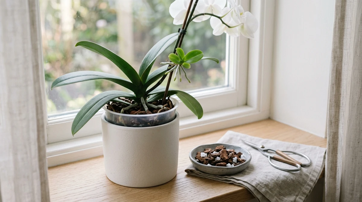 Phalaenopsis op een lichte vensterbank met een kleine keiki met groene aanzettende blaadjes op de bloemstengel, naast een schaaltje boomschors