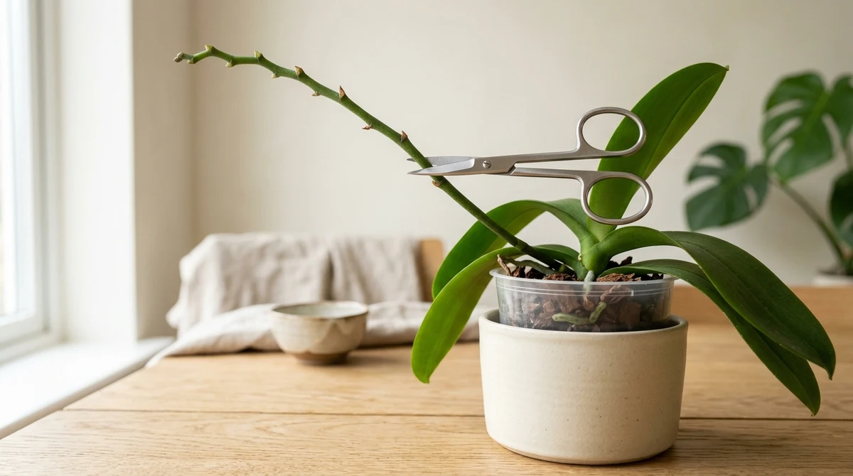 Uitgebloeide orchideetak met zichtbare ogen, met een schone snoeischaar op het punt boven het tweede oog