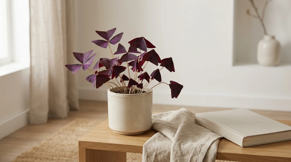 Oxalis triangularis met paarse driehoekige blaadjes overdag open en 's avonds dichtgevouwen, naast elkaar getoond