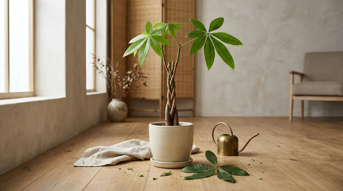 Pachira Aquatica met gevlochten stam in terracotta pot, met enkele afgevallen handvormige bladeren op de houten vloer ernaast