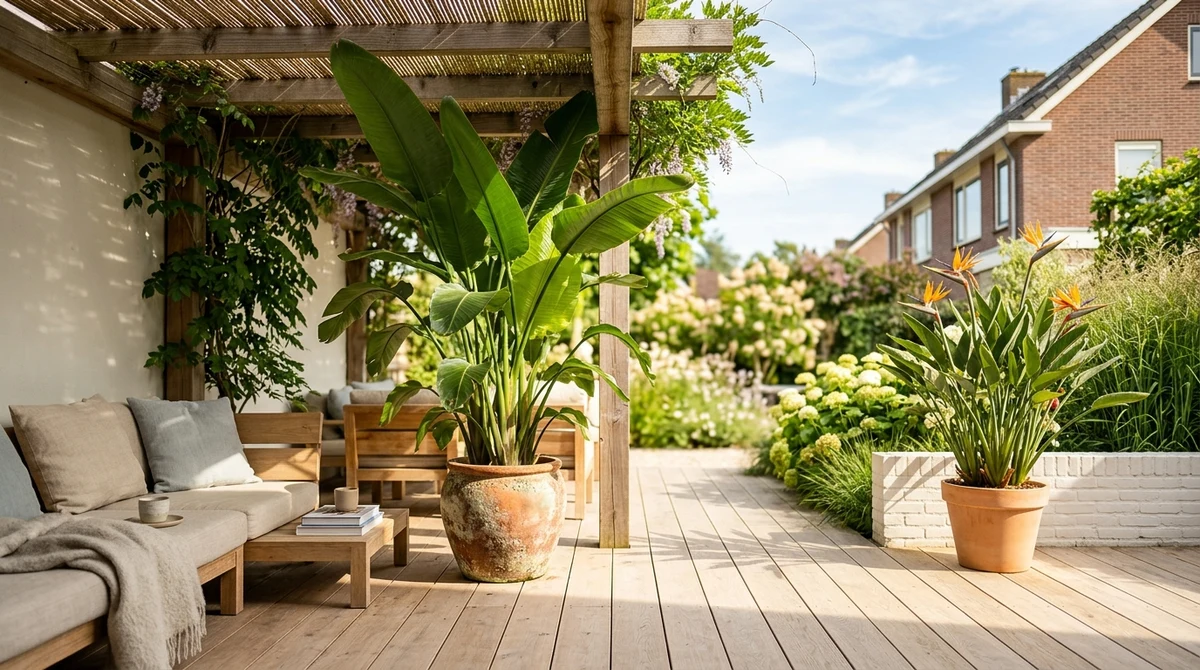 Strelitzia reginae op een zonnig terras, grote bladeren in volle buitenzon, zomerse setting