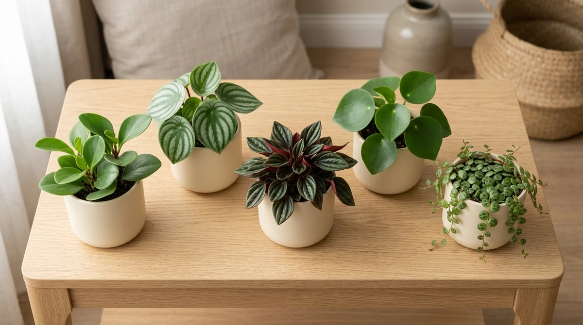 Vijf verschillende Peperomia-soorten naast elkaar op een boekenkast: groene Obtusifolia, gestreepte Watermeloen, donkerrode Caperata Rosso, druppelvormige Raindrop en hangende String of Turtles