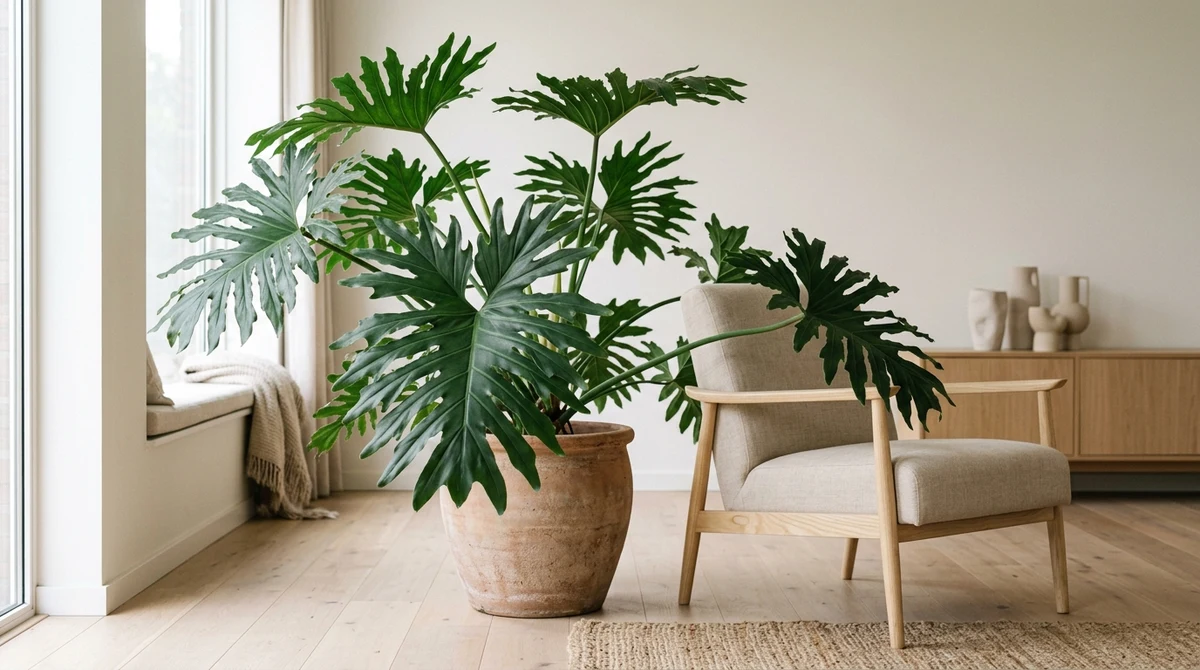 Grote self-heading Philodendron met wijd uitwaaierende bladeren in een woonkamer