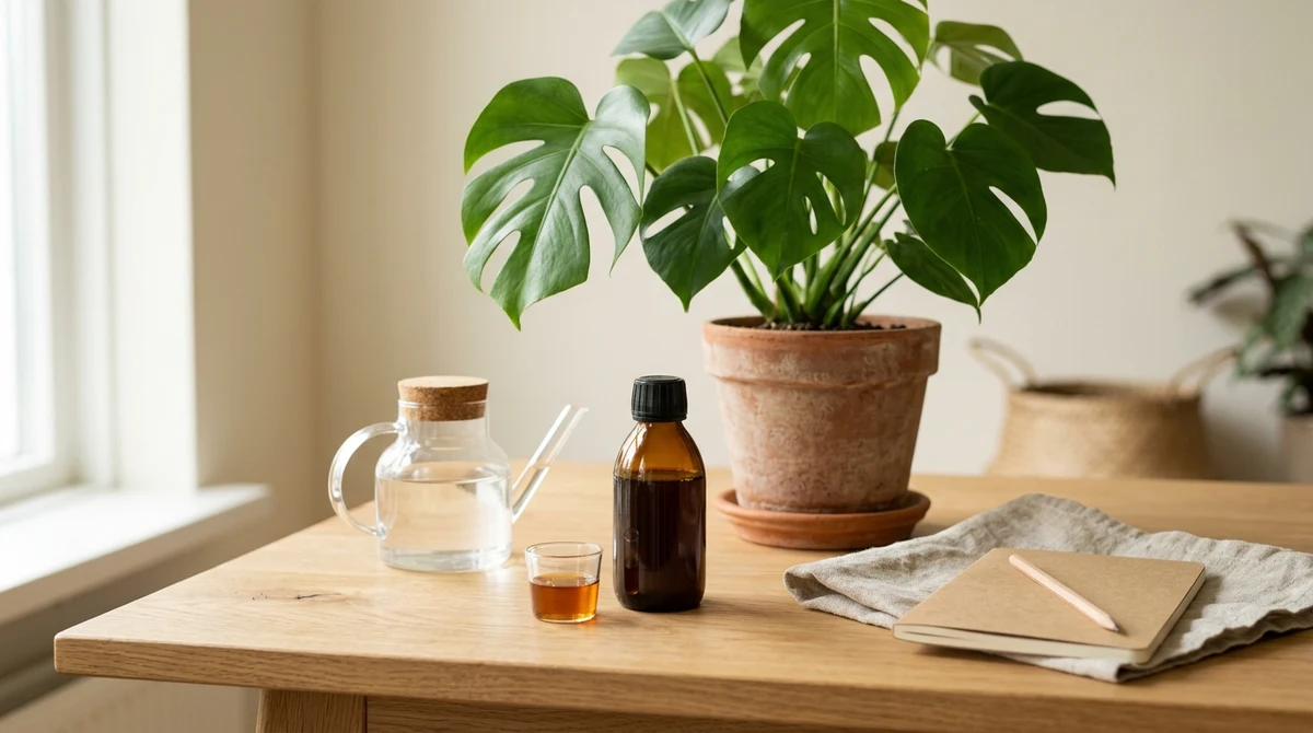 Fles vloeibare plantenvoeding met maatdopje en gieter naast een Monstera op een houten tafel