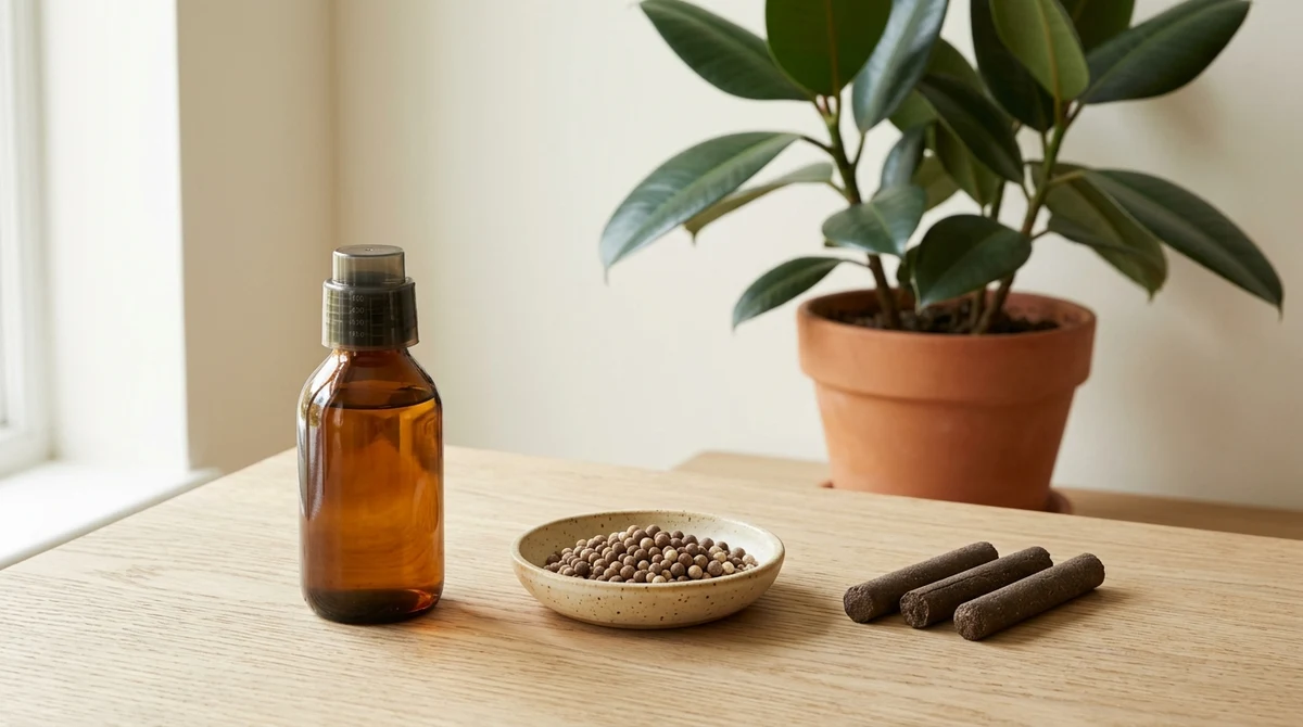 Vloeibare plantenvoeding, korrels en voedingsstaafjes naast elkaar op een houten tafel bij een kamerplant