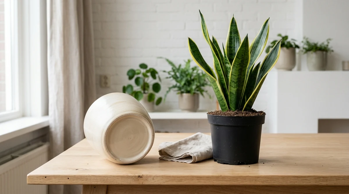 Keramieken designpot zonder drainagegat naast een doorzichtige kweekpot met gat, op een houten tafel
